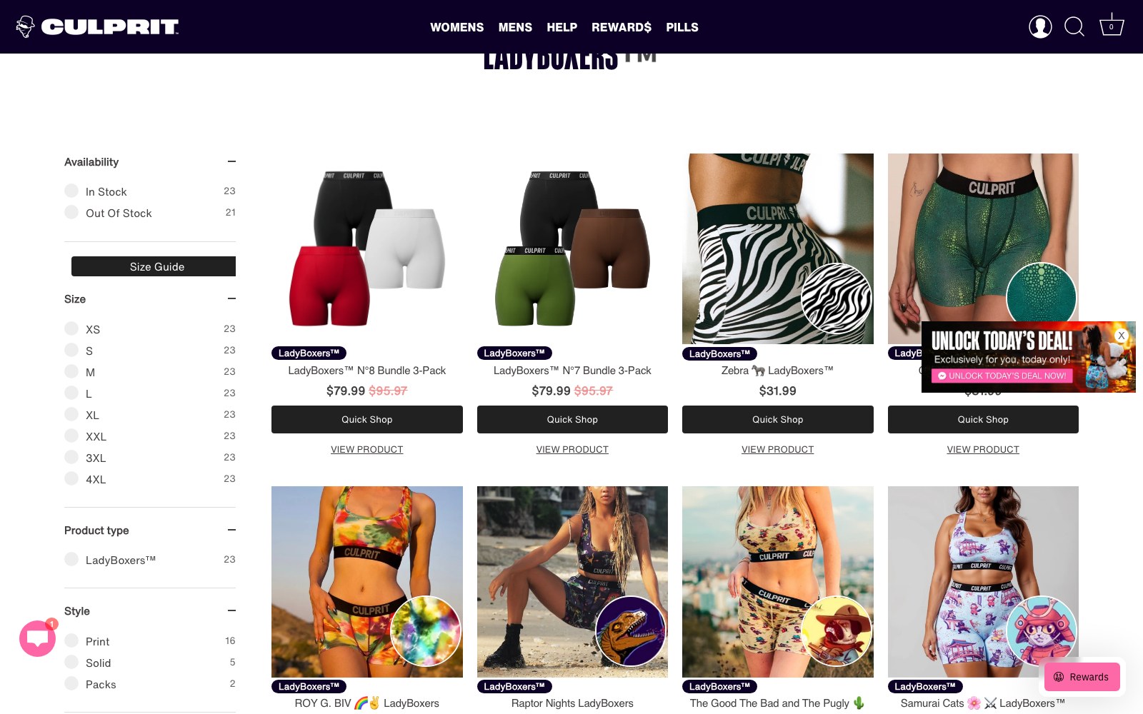 LadyBoxers collection page with the size and print filter rail