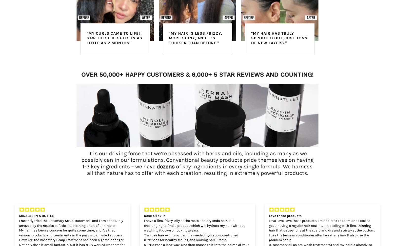 The Innate Life customer testimonial cards above the 50,000 customers and 6,000 five-star reviews claim