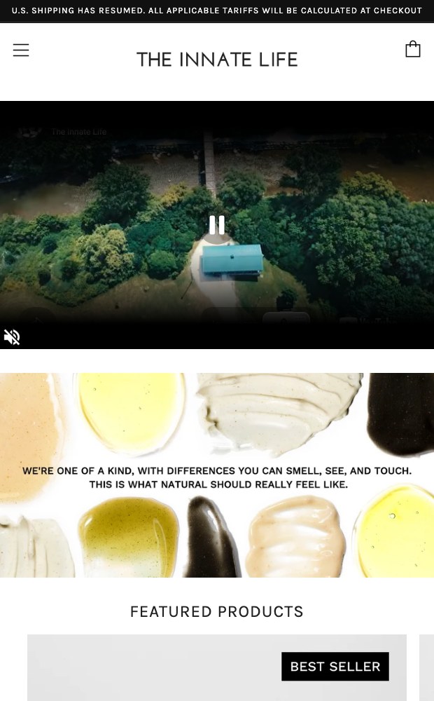 The Innate Life mobile homepage with the brand film and featured products