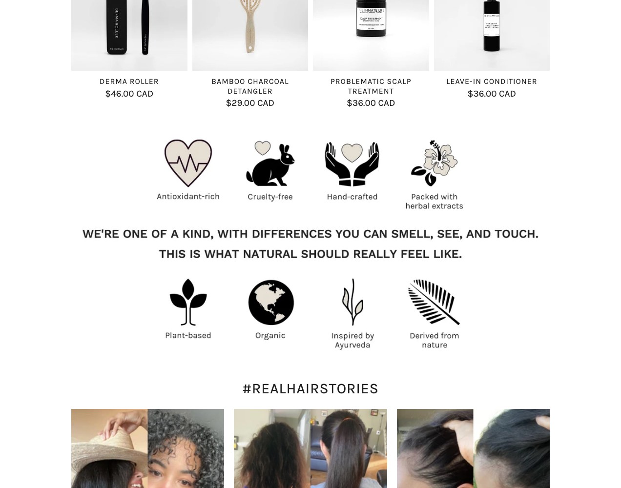 The Innate Life product row above the RealHairStories customer gallery