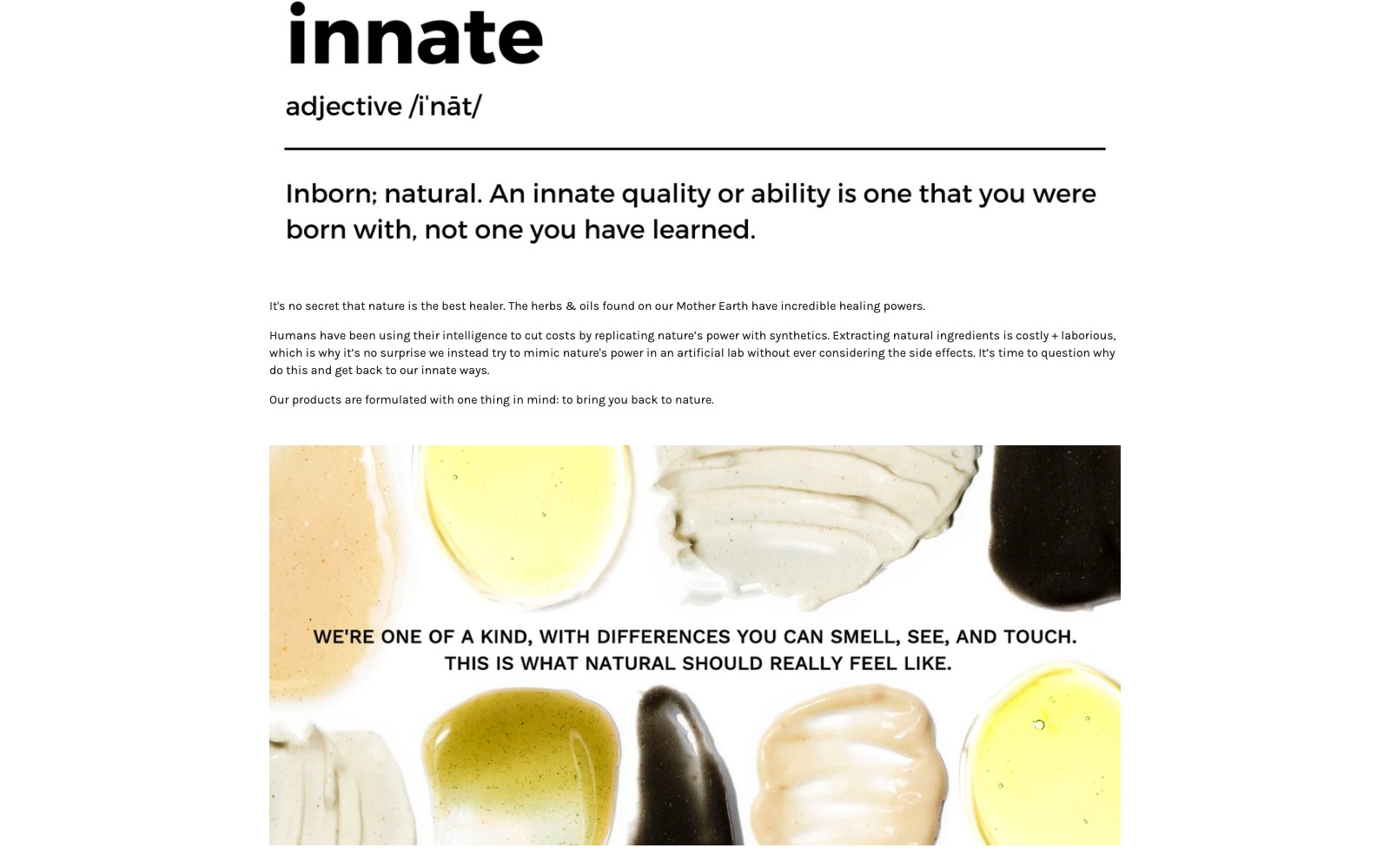 The Innate Life brand page defining the word innate
