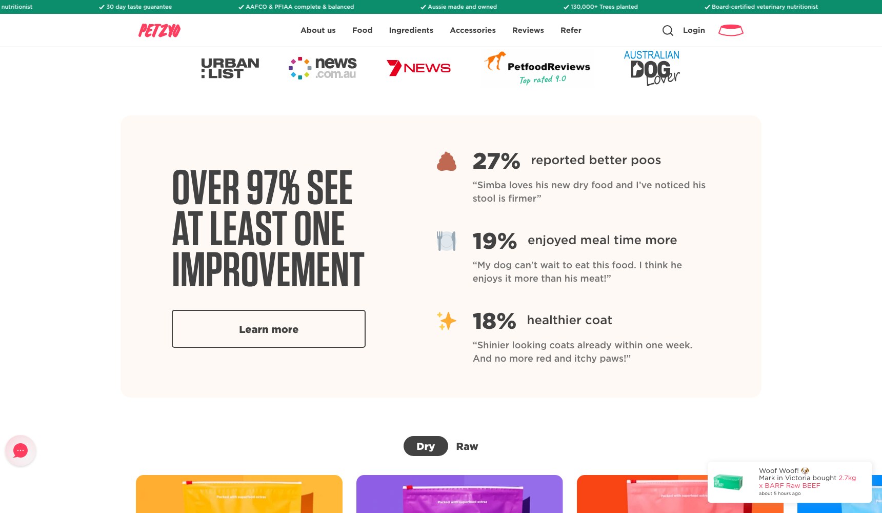 Customer-reported improvement statistics on the homepage