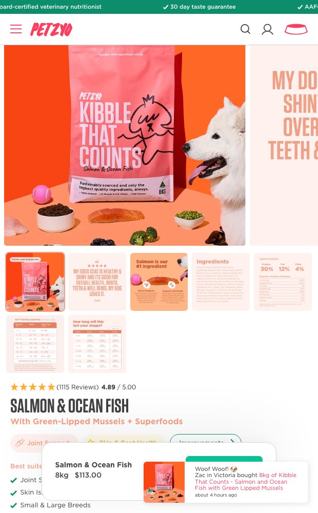 Mobile product page with size and subscription options