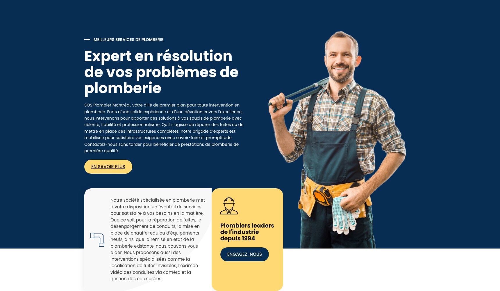 SOS Plombier homepage hero with the plumbing-problem headline and callout card
