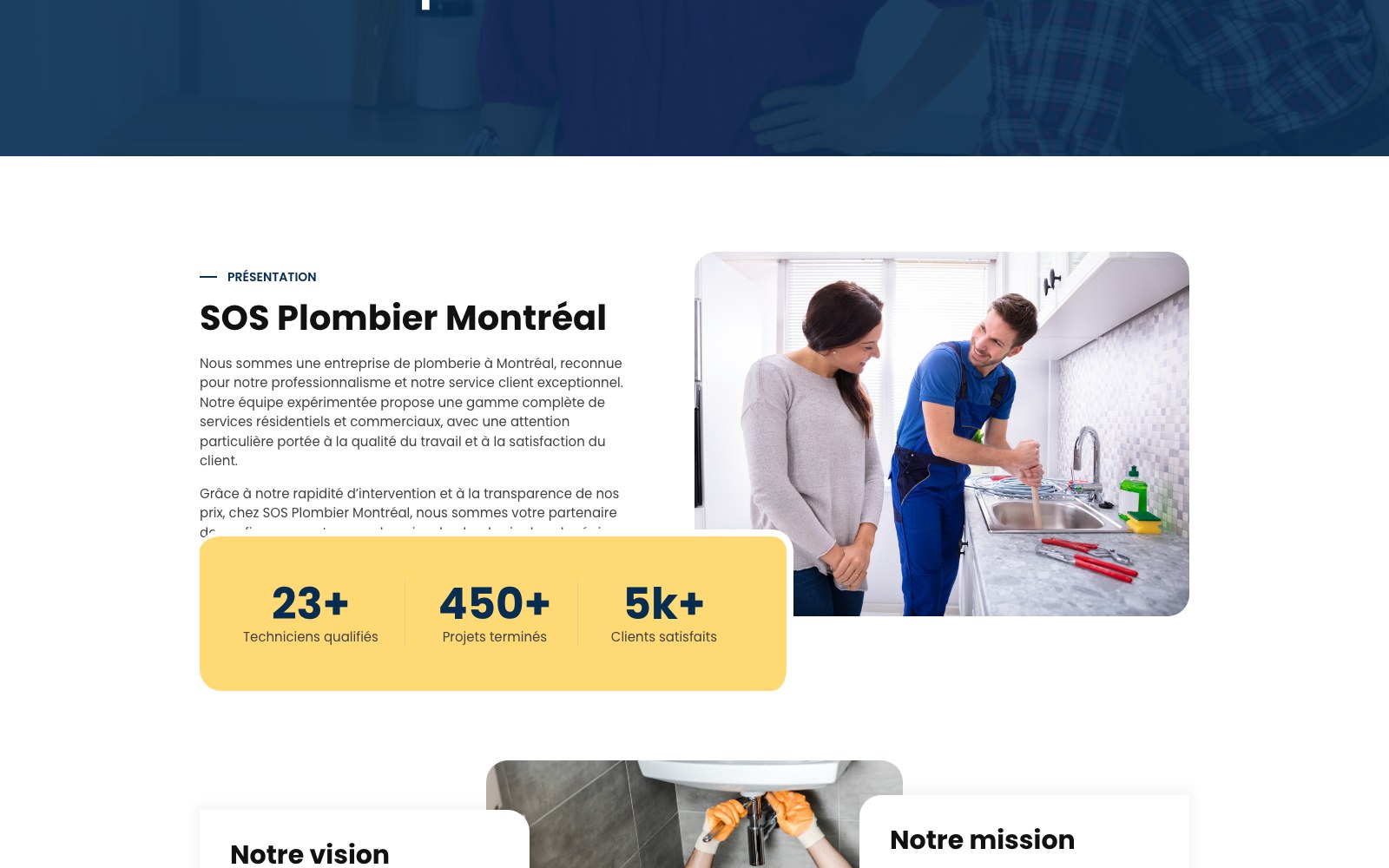 SOS Plombier about section with technician, project and client counts
