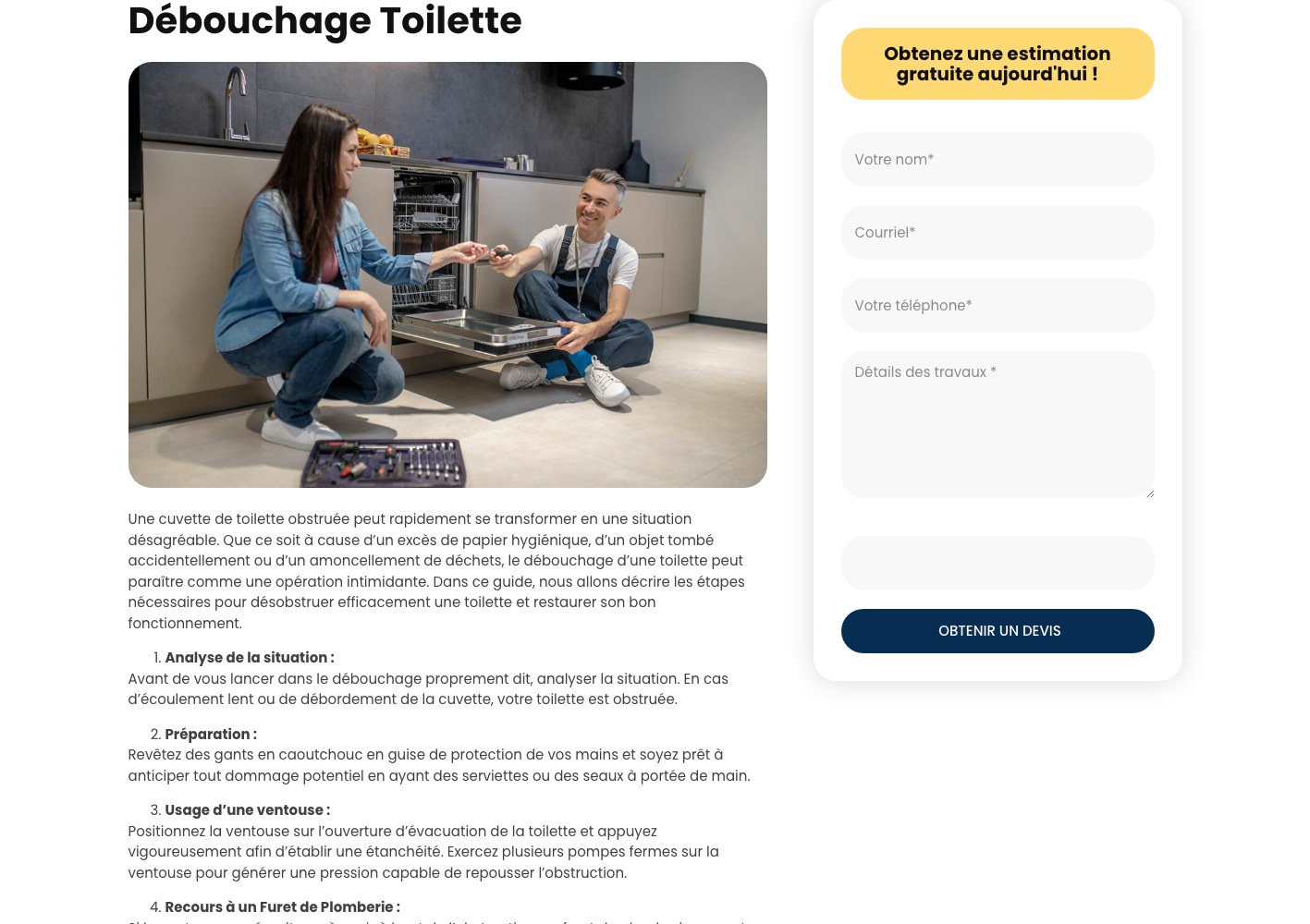 SOS Plombier toilet unblocking intervention page with its free estimate form