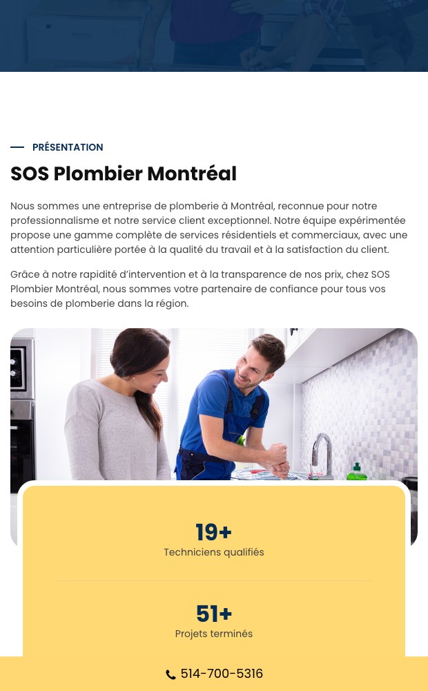 SOS Plombier mobile about section with the company counters