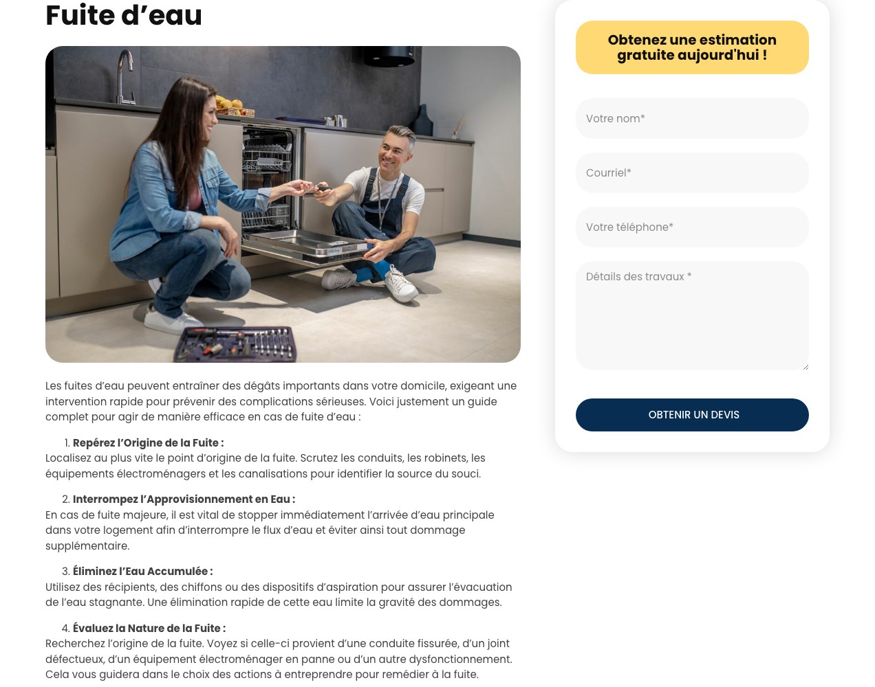 SOS Plombier water leak intervention page with its estimate form