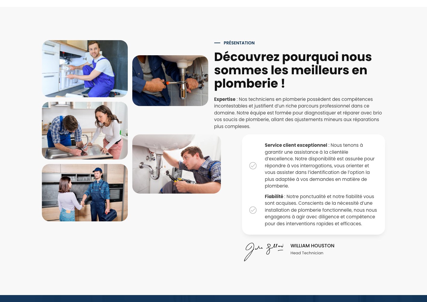 SOS Plombier why-choose-us section with the technician photo collage