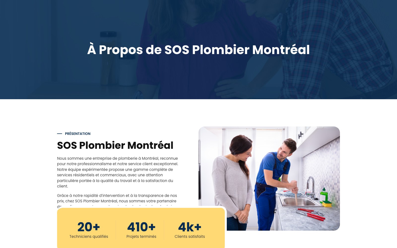 SOS Plombier about page header and company presentation
