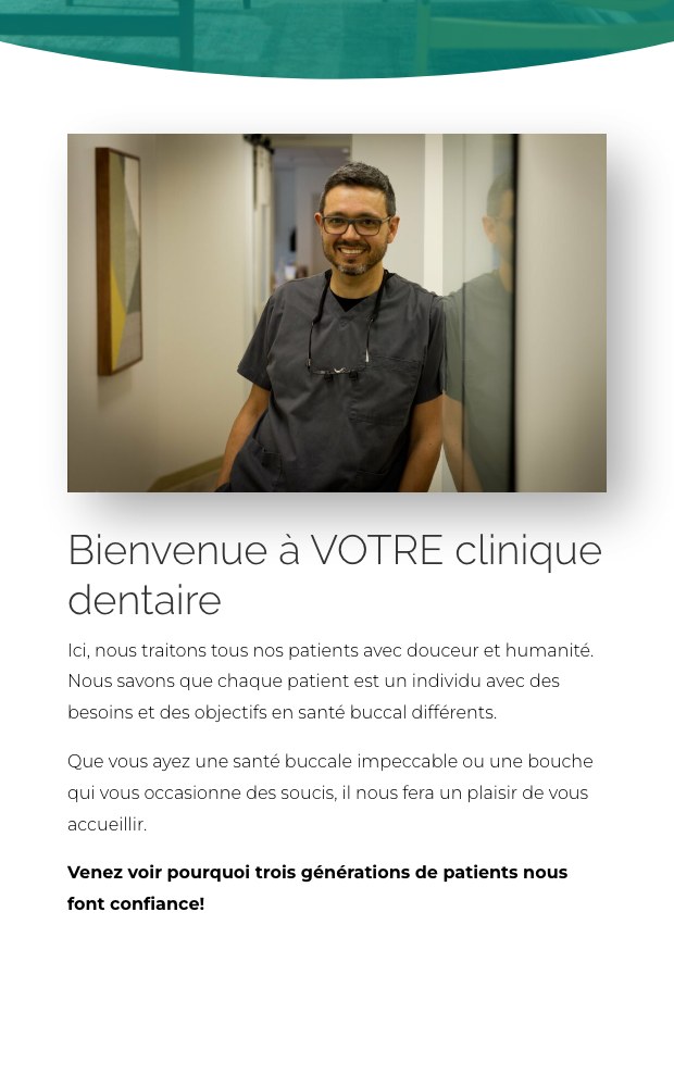 Mobile welcome section with a photograph of the dentist