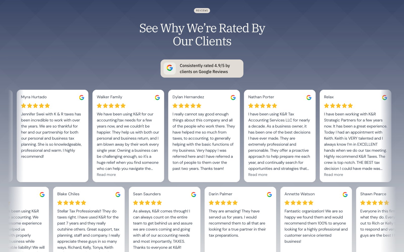 Google review wall from clients