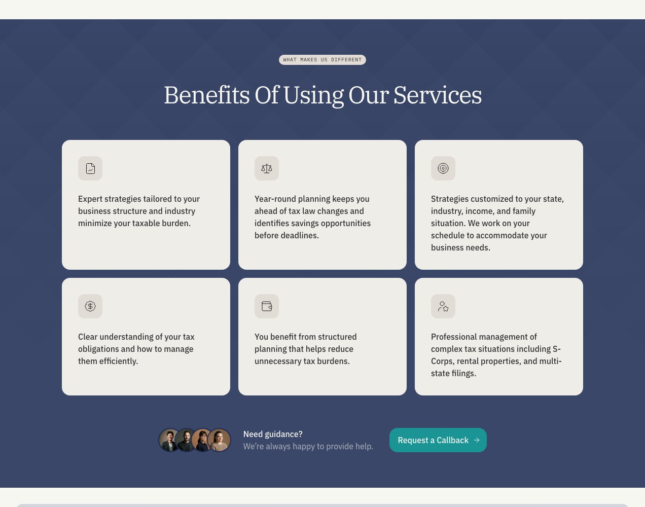 Benefits of using the firm, in a card grid