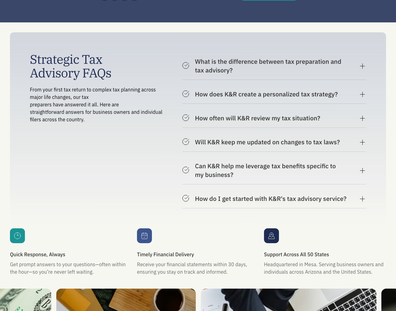 Strategic tax advisory FAQ accordion