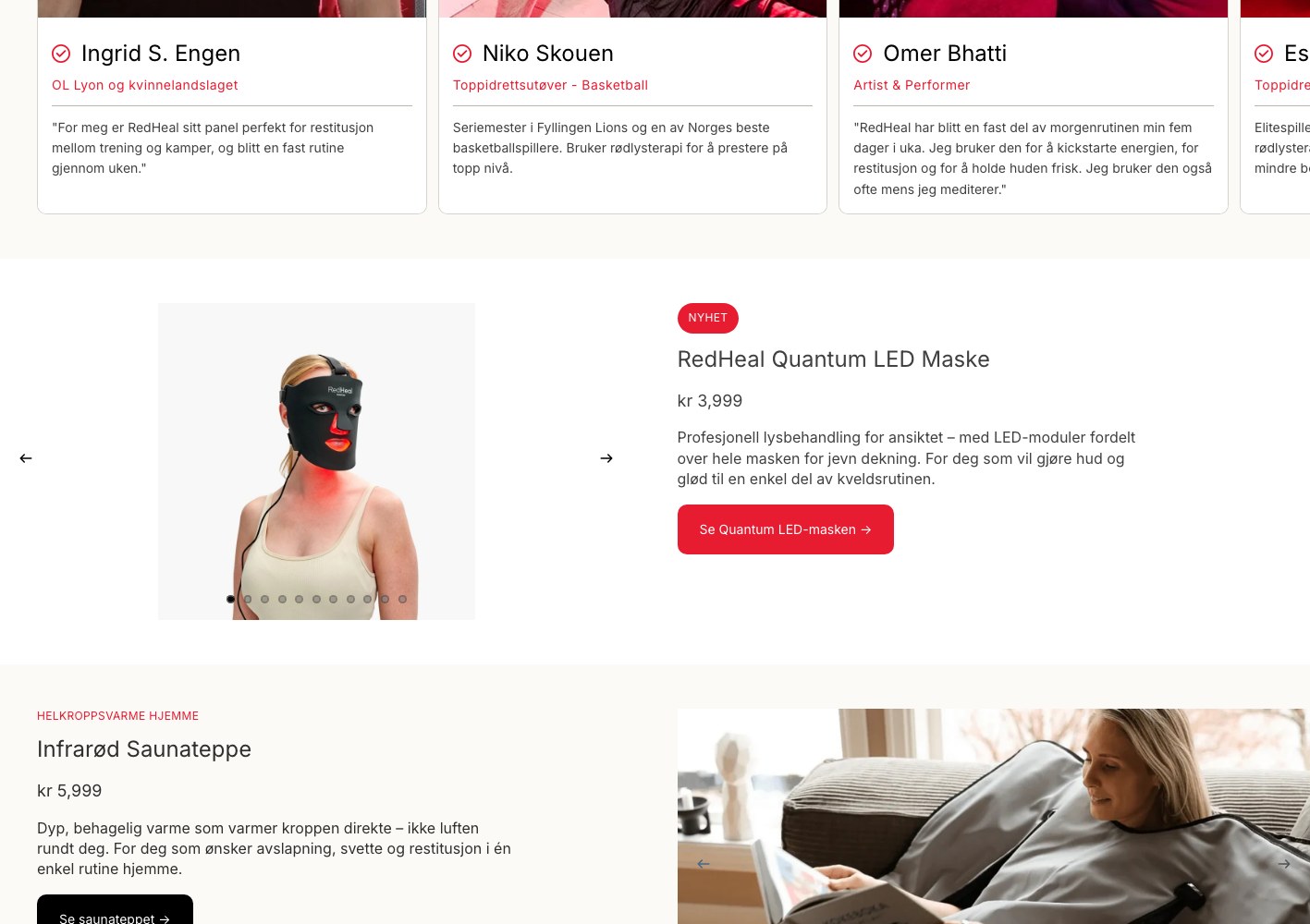 Redheal customer testimonials above the Quantum LED mask product card