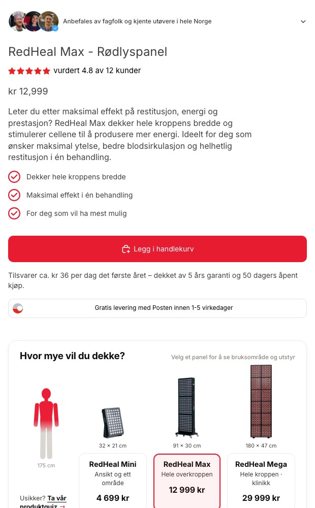 Redheal Max product page on mobile with the coverage comparison