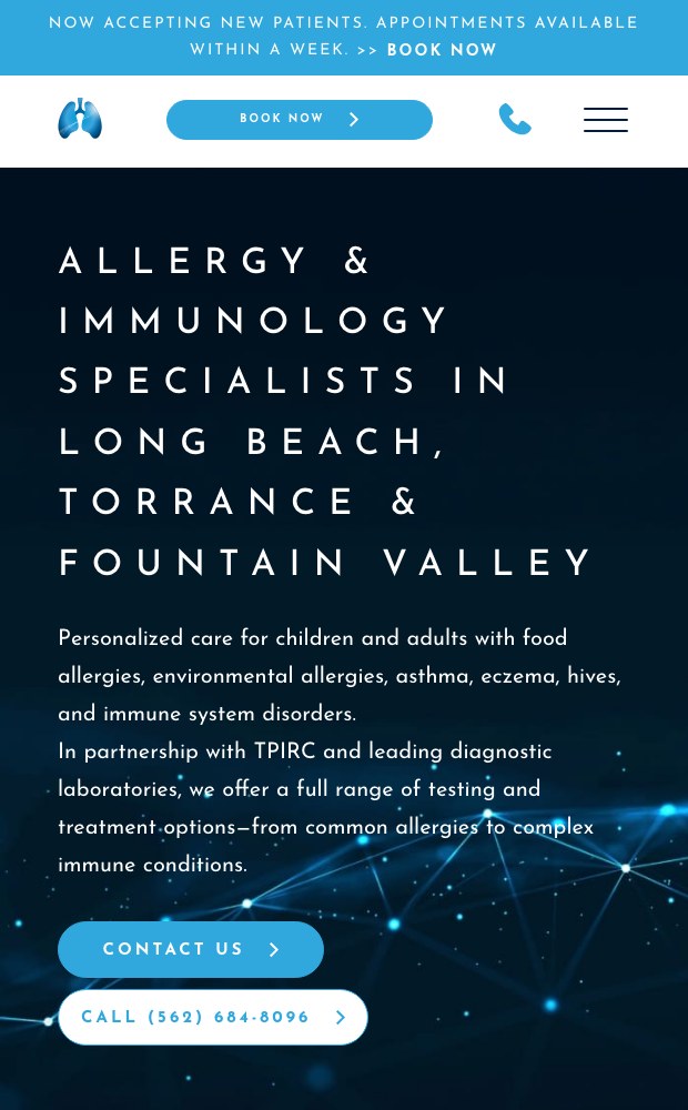 Mobile allergy and immunology specialists page with call and contact buttons