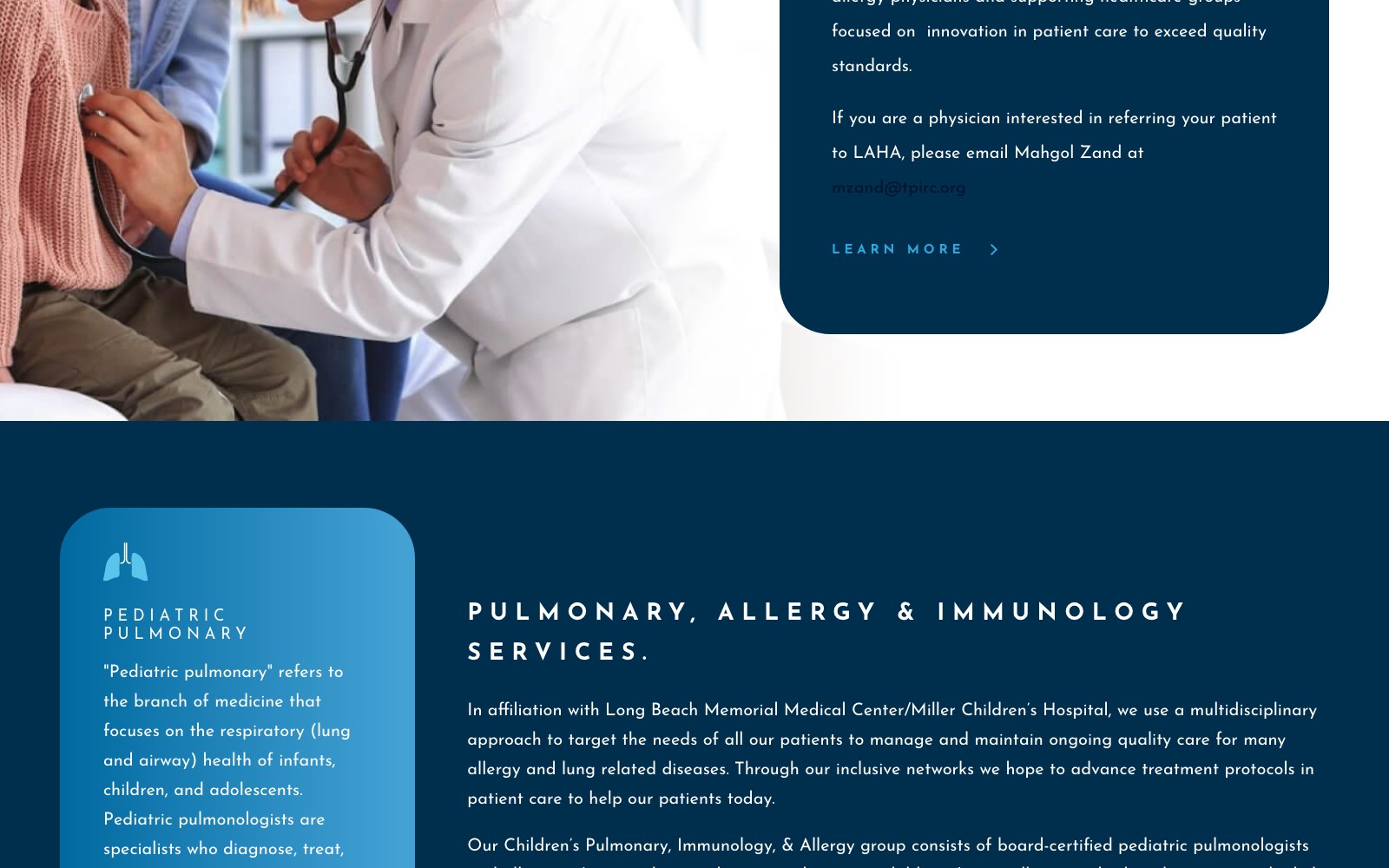 Pulmonary, allergy and immunology services section with the specialty cards