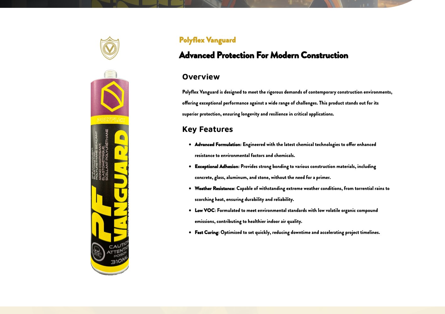 Polyflex Vanguard product page with its key feature list