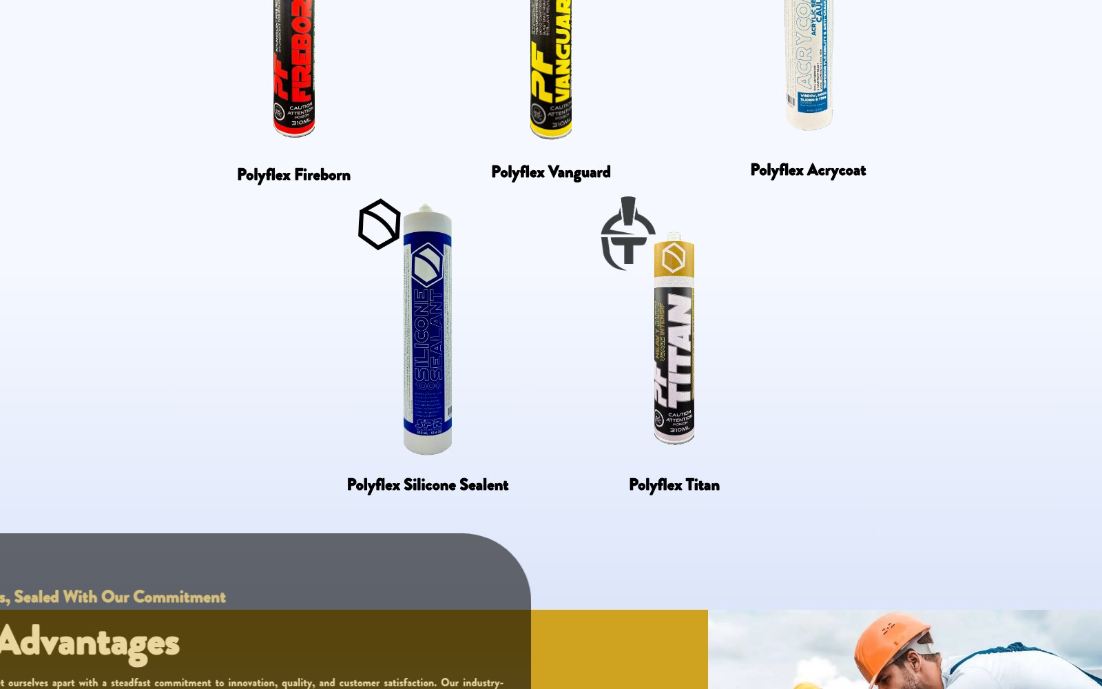 Polyflex sealant range shown as five labelled cartridges