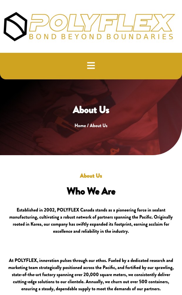 Polyflex mobile About Us page and the company story