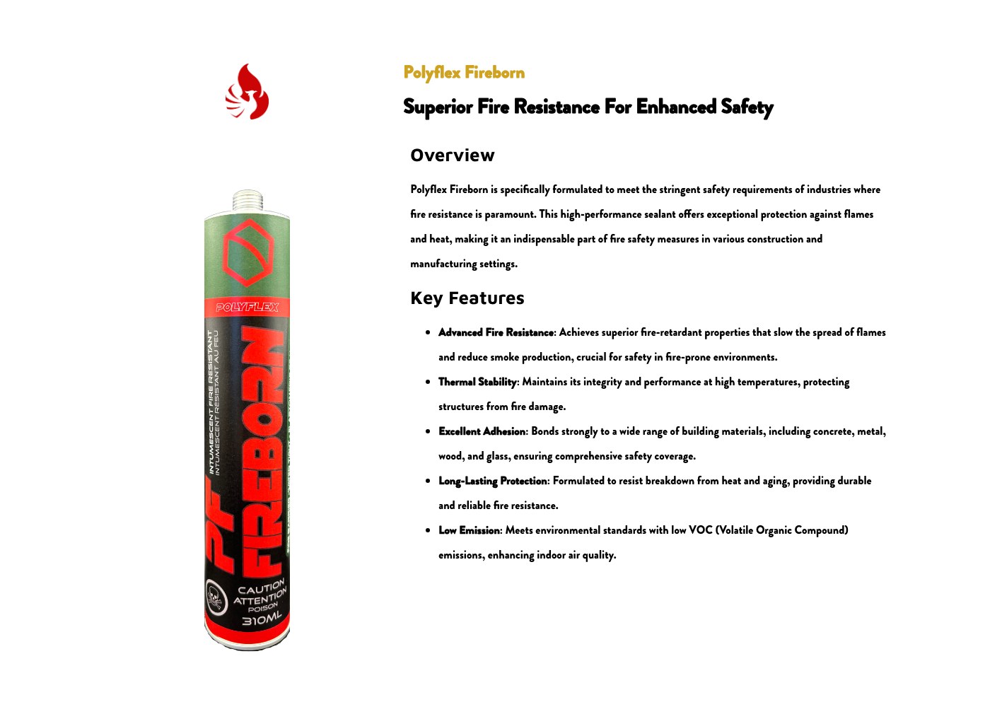 Polyflex Fireborn product page with the fire resistance specification