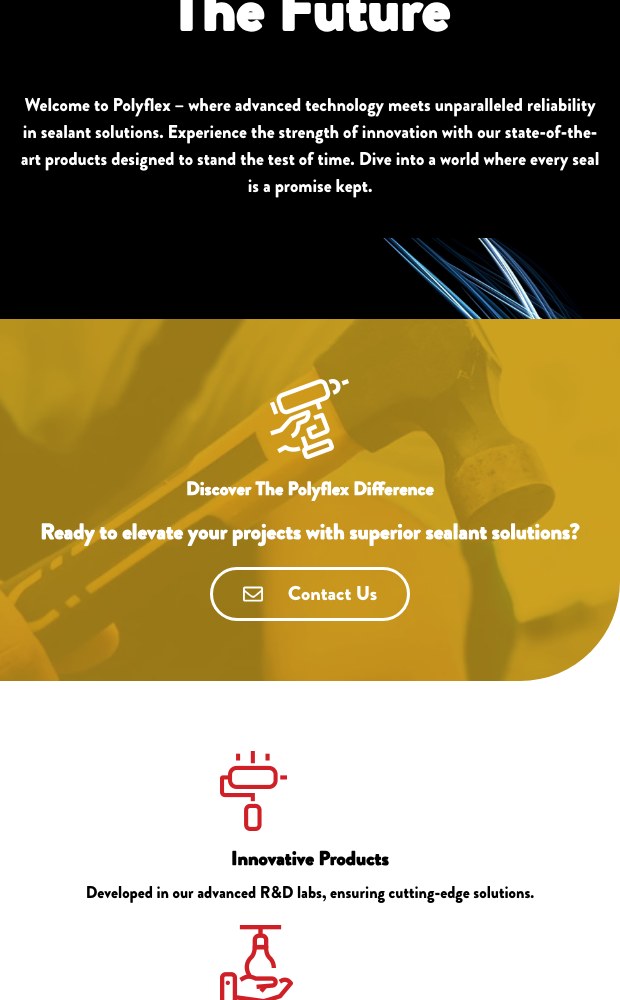 Polyflex mobile homepage with the innovation pillars