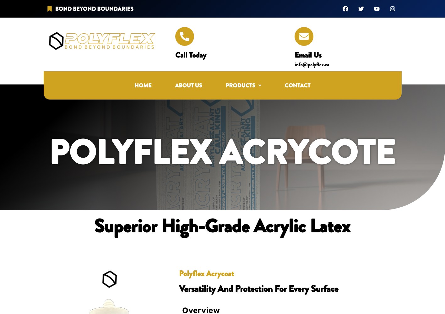 Polyflex Acrycote product page header, superior high-grade acrylic latex