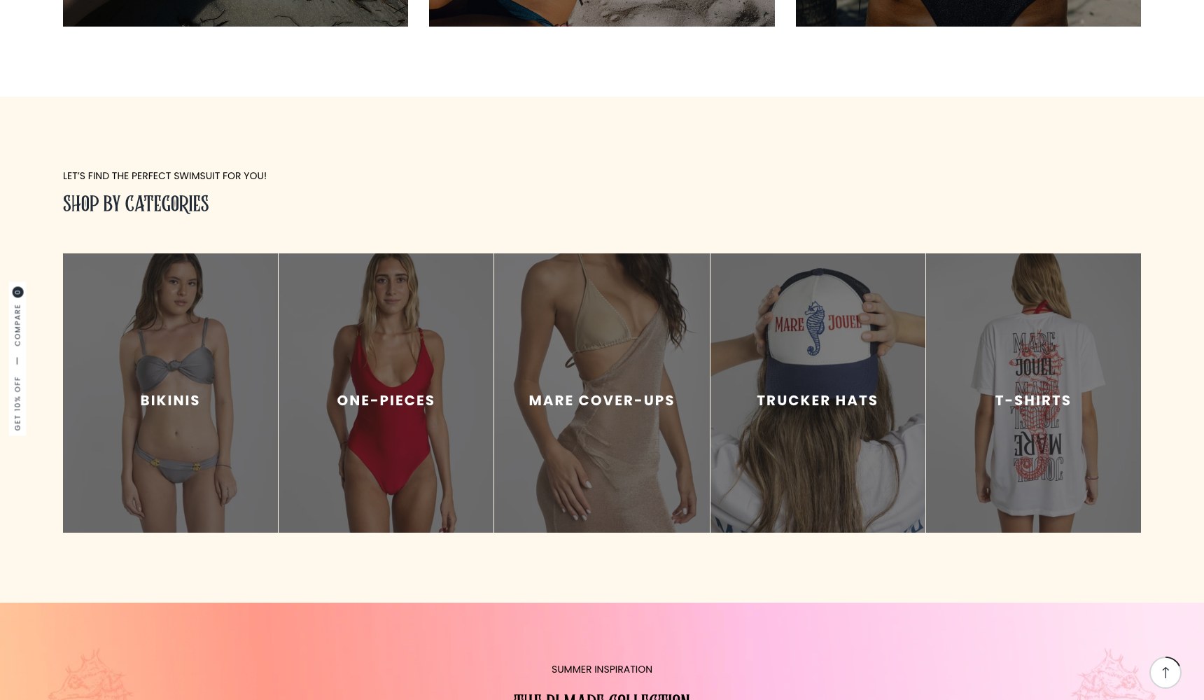 Shop by category strip: bikinis, one-pieces, cover-ups, trucker hats, t-shirts