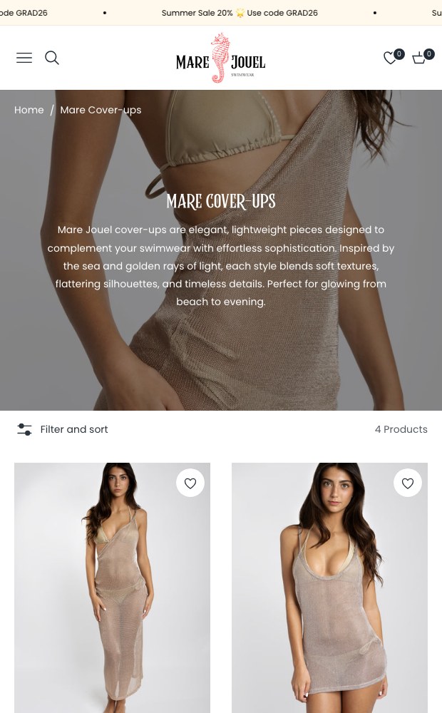Mobile Mare Cover-Ups collection page with its story block above the grid