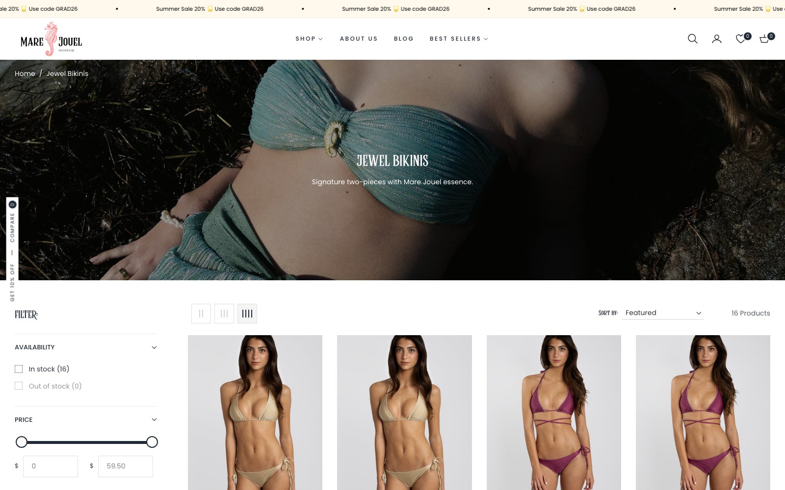 Jewel Bikinis collection page with its own editorial hero