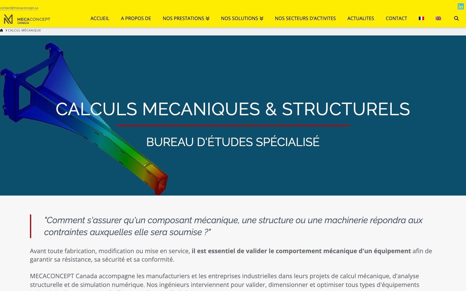 Mecaconcept mechanical and structural calculation page with an FEA stress plot