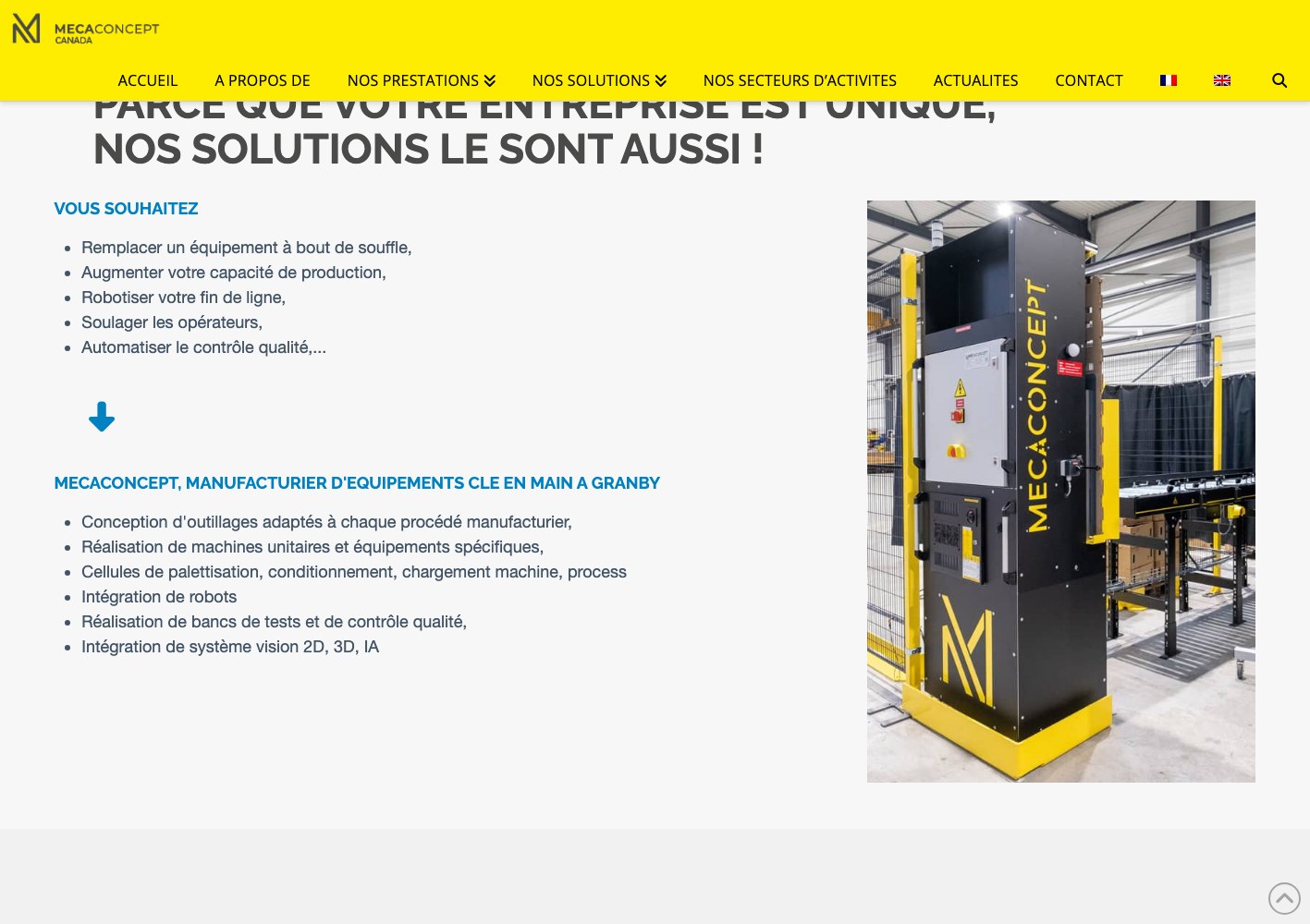 Mecaconcept turnkey equipment capability list beside a production cell photo