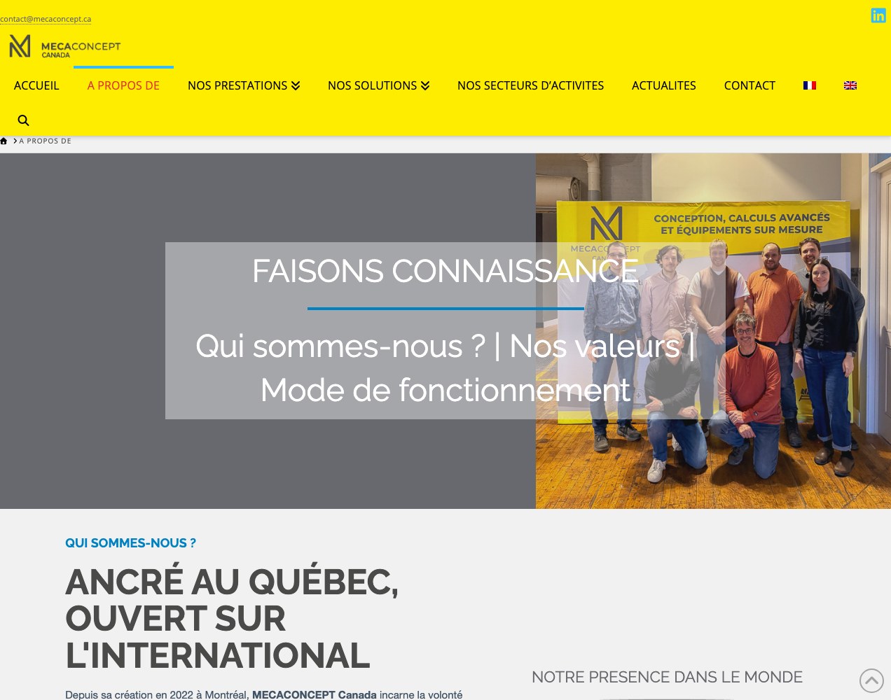 Mecaconcept about page with the team photograph and the Quebec roots statement