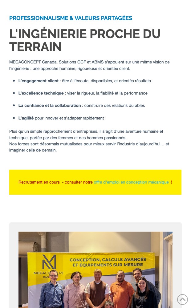 Mecaconcept mobile page on engineering close to the field, with the shared values list