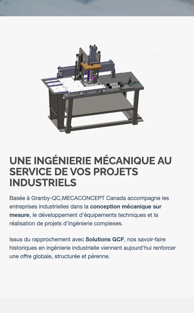Mecaconcept mobile layout showing a machine CAD render and the engineering pitch