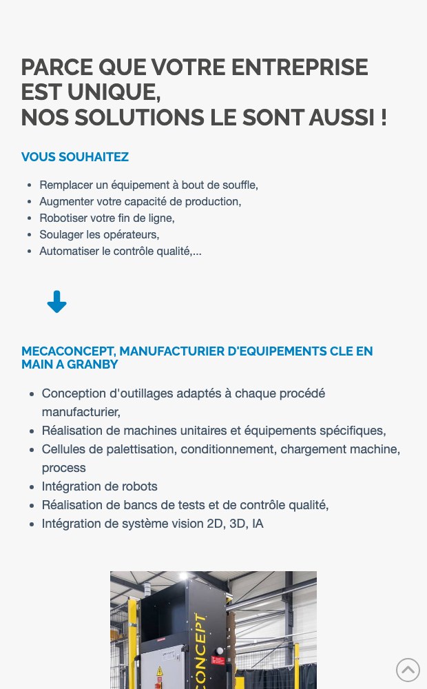 Mecaconcept mobile custom-solutions page with the turnkey capability list