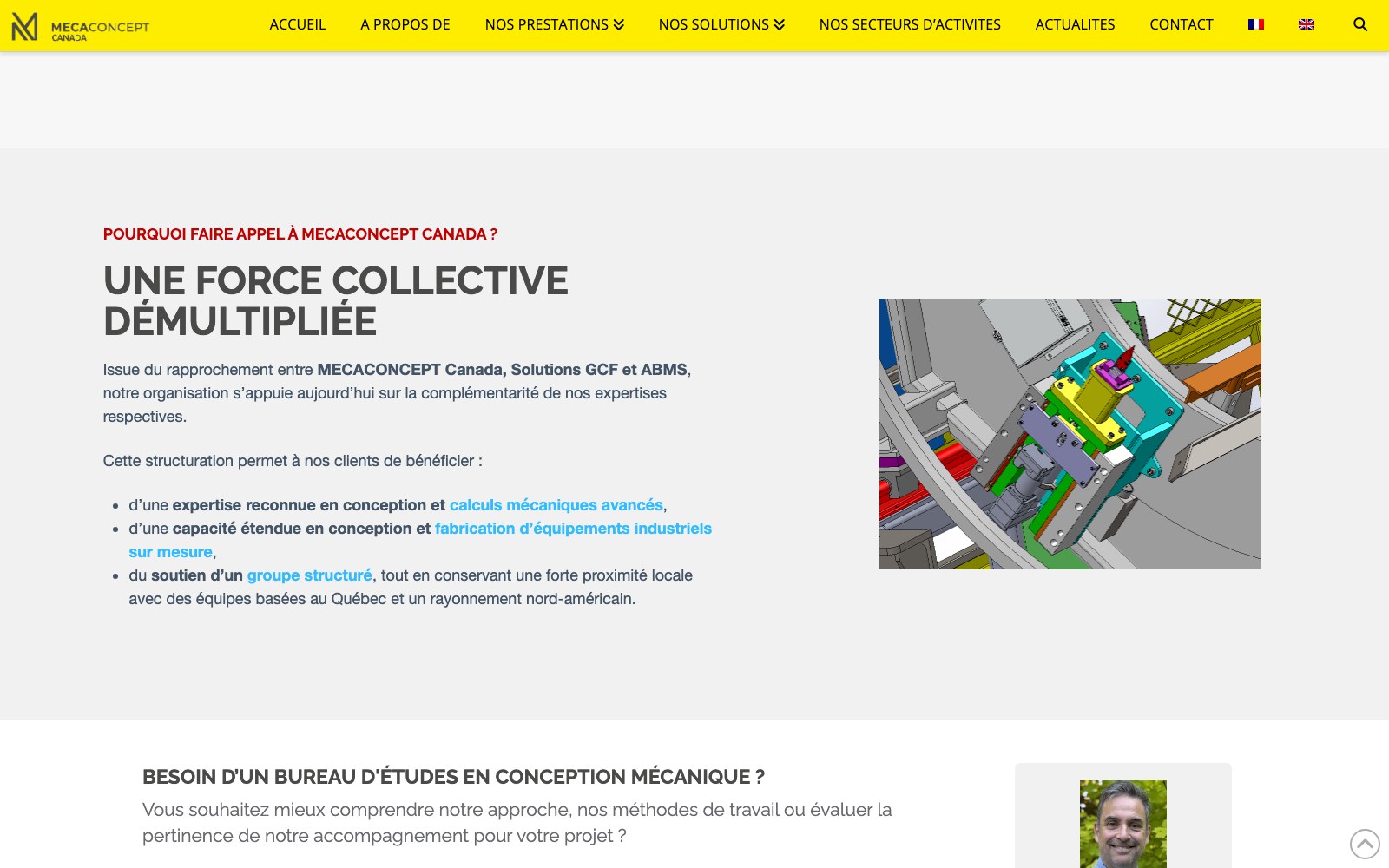 Mecaconcept merged-entity story beside a 3D assembly model