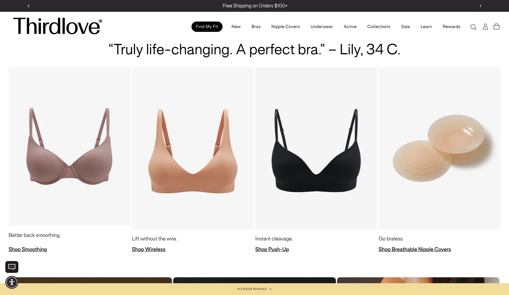 Shop by style row: smoothing, wireless, push-up and breathable nipple covers