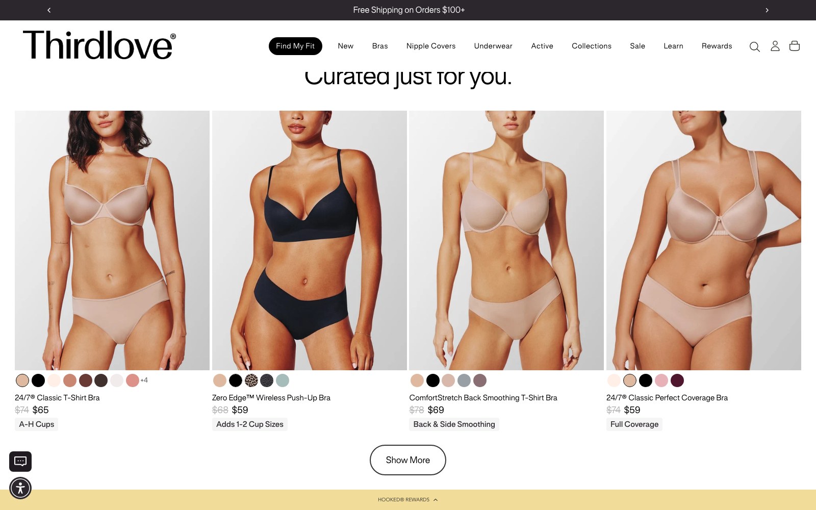 Curated just for you row with swatch selection on each card