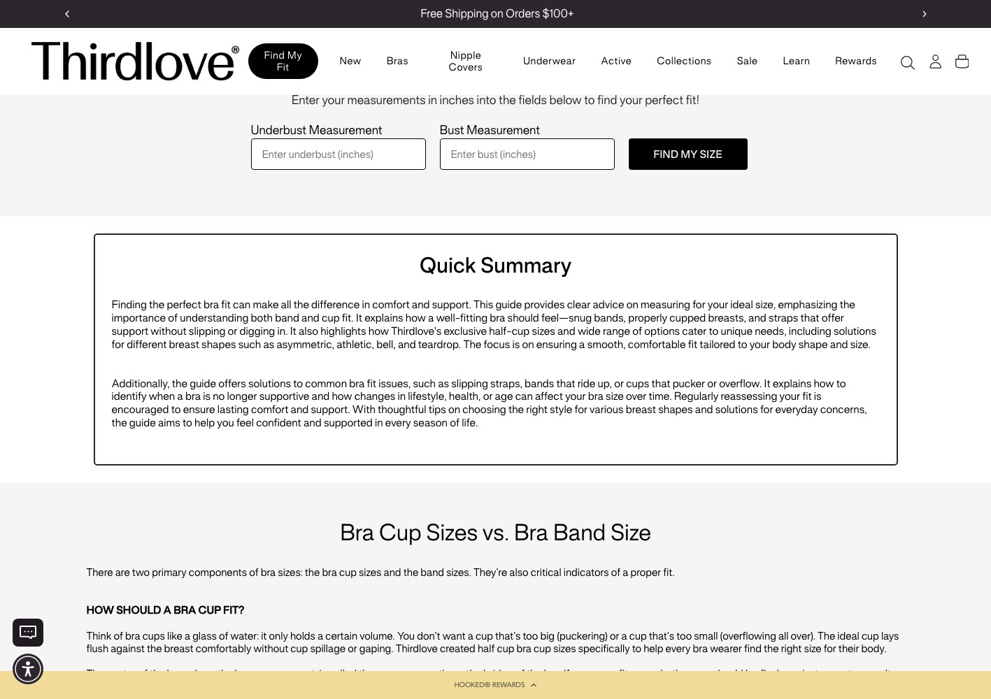 Bra size calculator with underbust and bust measurement inputs