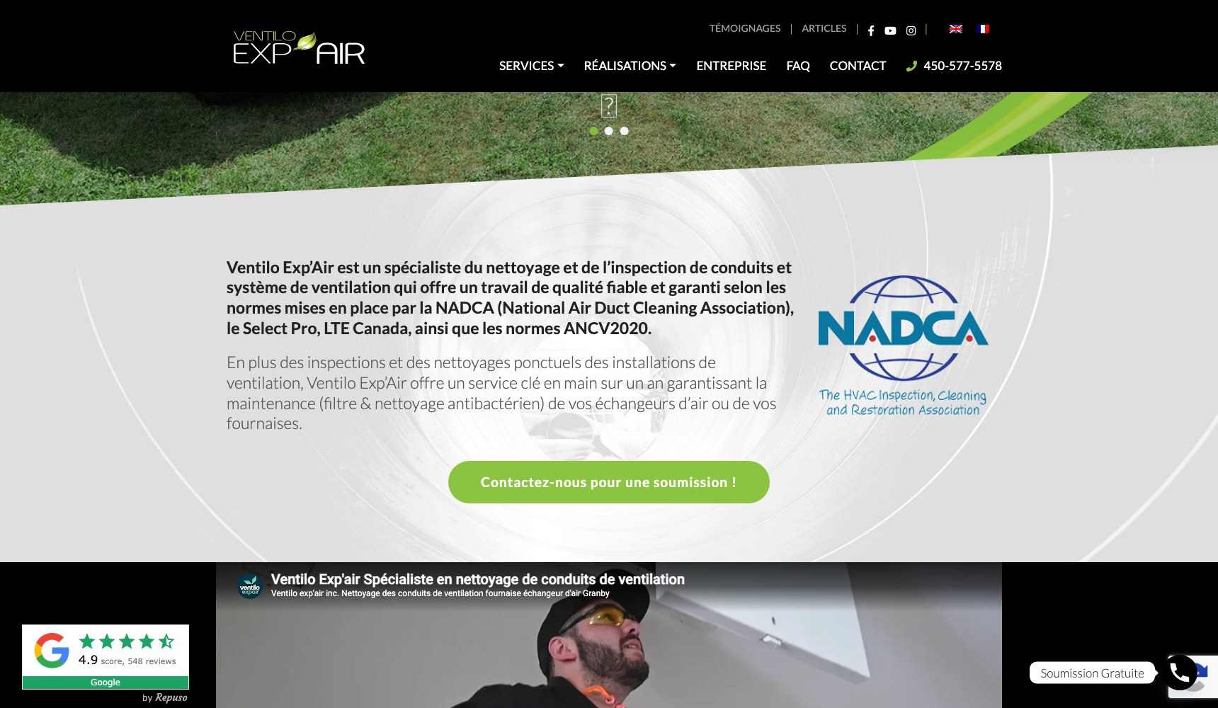 NADCA and Select Pro certifications on the homepage