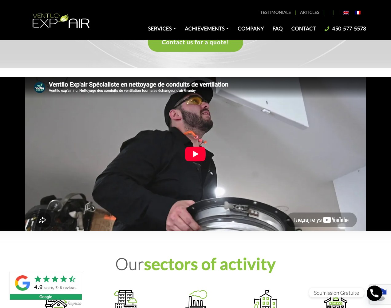 English sectors of activity section under the video