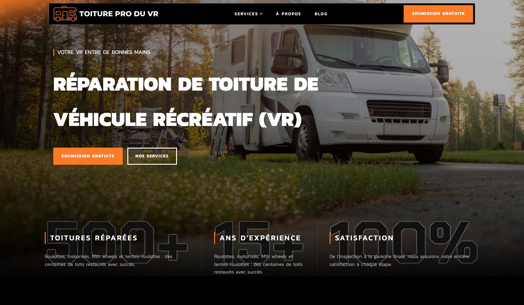 Toiture VR homepage hero for recreational vehicle roof repair