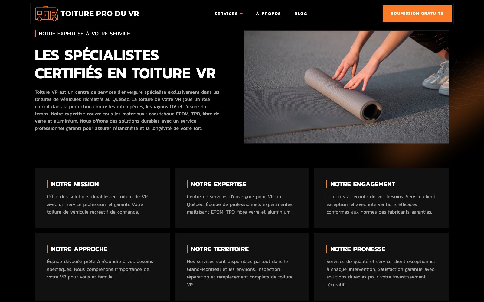 Toiture VR certified specialists section with mission, expertise and commitment