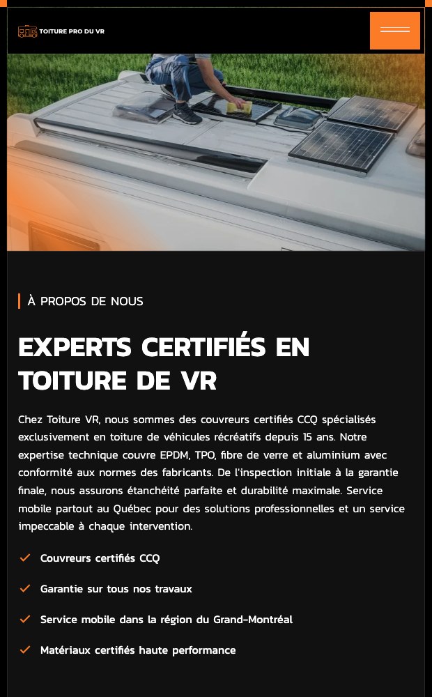 Toiture VR mobile about section, CCQ certified RV roofers