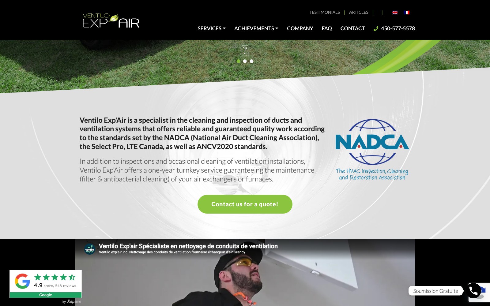 NADCA certification block on the English site