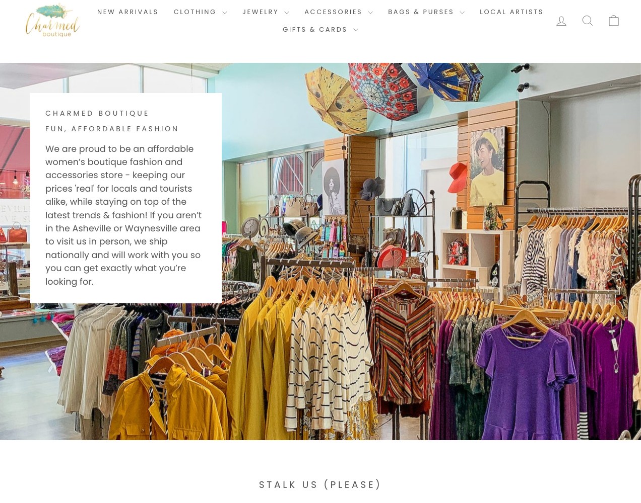 Fun, affordable fashion story beside a photo of the boutique floor