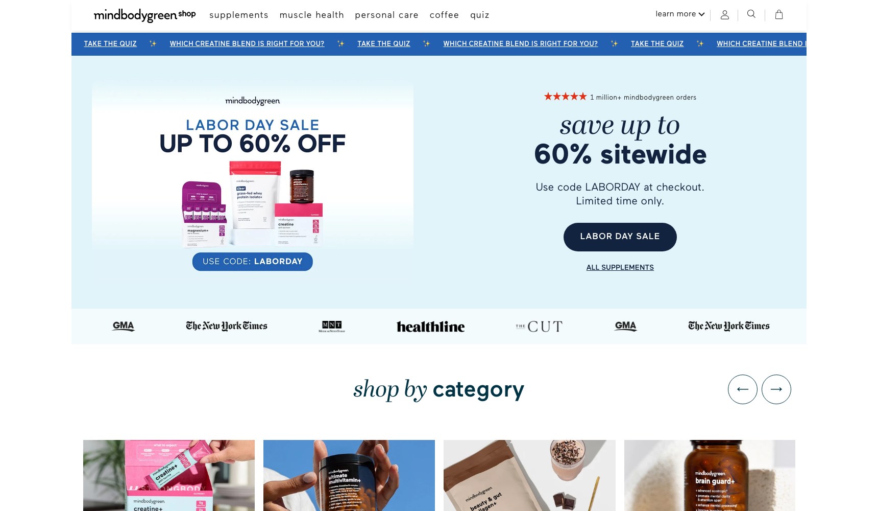 Store homepage with the sitewide offer and press credibility logos