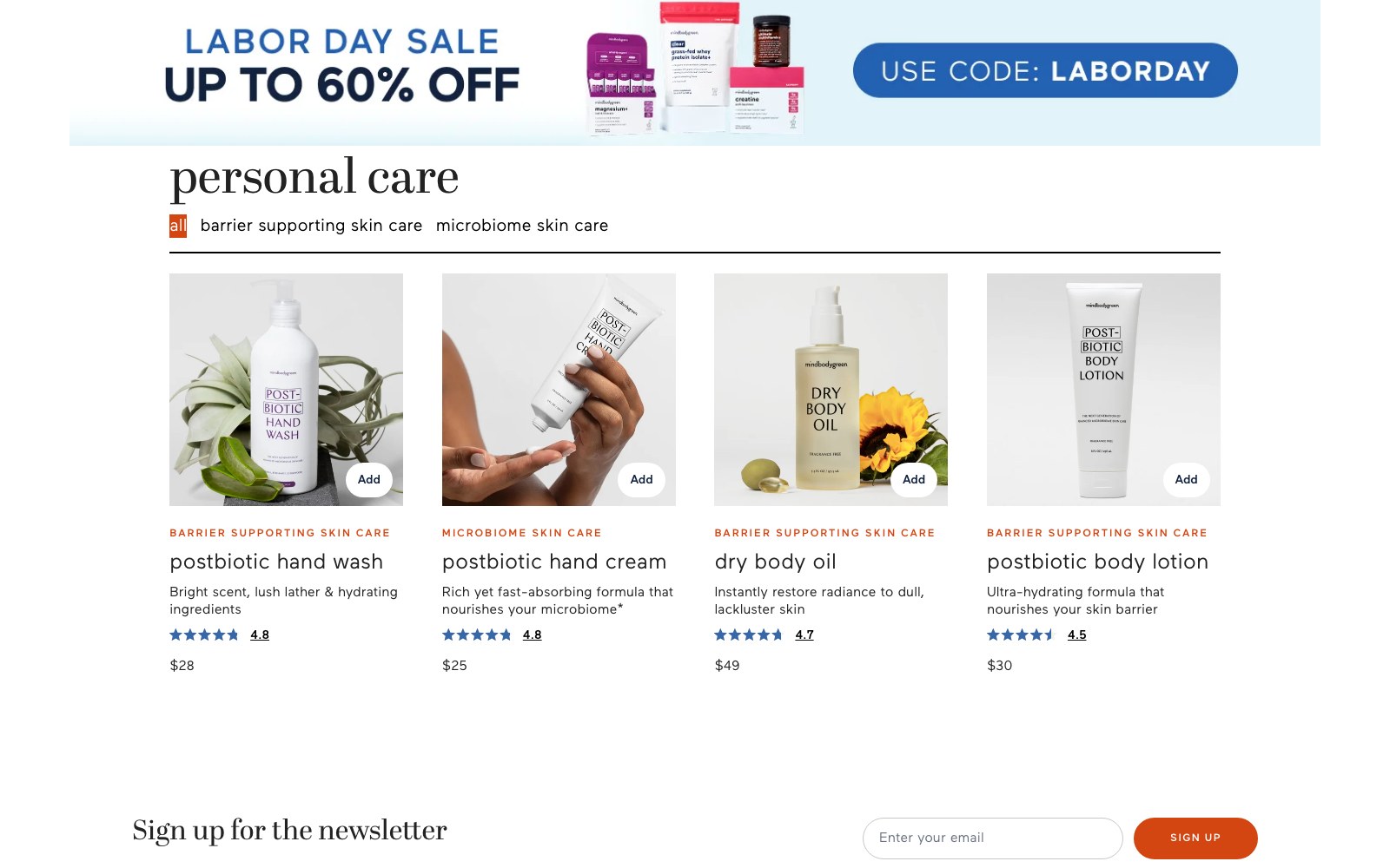 Personal care collection page with barrier-supporting skin care